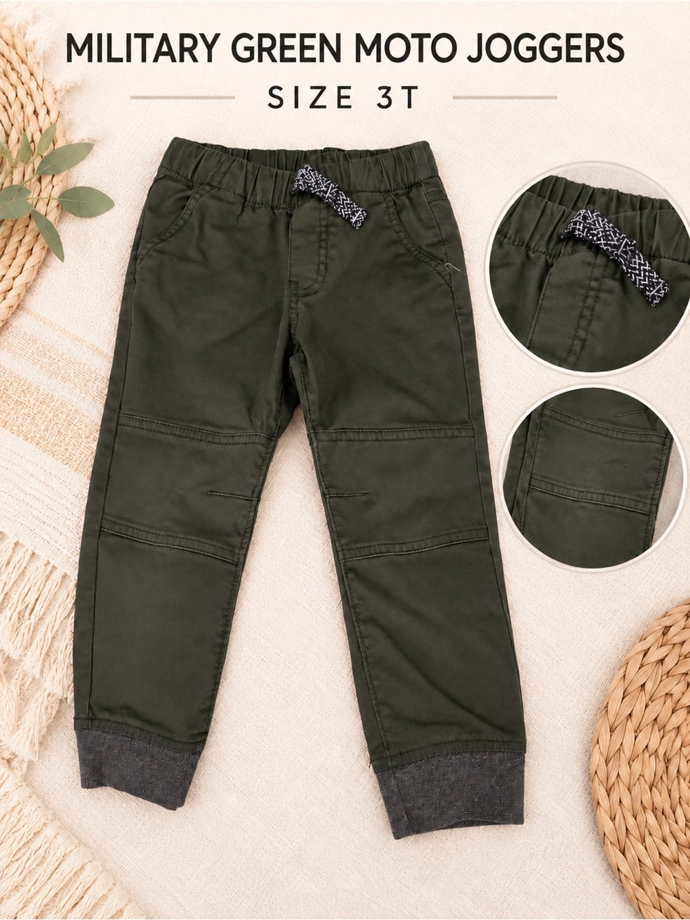 Cat & Jack Military Green Moto Joggers with Dark Gray Cuffs